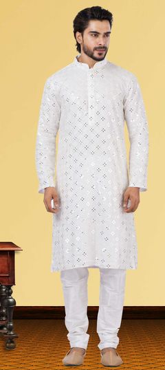 White and Off White color Kurta Pyjamas in Georgette fabric with Embroidered, Thread work : 1820843