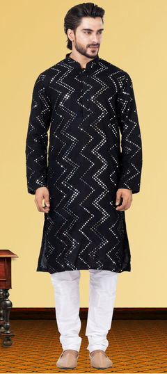 Black and Grey color Kurta Pyjamas in Georgette fabric with Embroidered, Thread work : 1820845