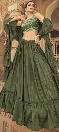 Green color Lehenga in Chiffon fabric with Mirror, Thread work