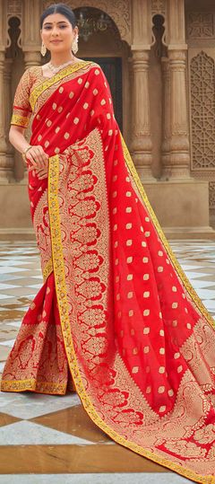 Red and Maroon color Saree in Banarasi Silk, Silk fabric with Border, Embroidered, Thread, Weaving work