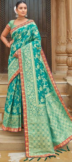 Blue color Saree in Banarasi Silk, Silk fabric with Border, Embroidered, Thread, Weaving work