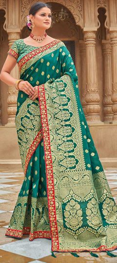 Blue color Saree in Banarasi Silk, Silk fabric with Border, Embroidered, Thread, Weaving work