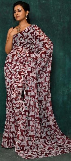 Casual, Party Wear Red and Maroon, White and Off White color Saree in Georgette fabric with Classic Digital Print work : 1821160