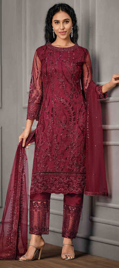 Red and Maroon color Salwar Kameez in Net fabric with Embroidered, Sequence, Thread, Zari work