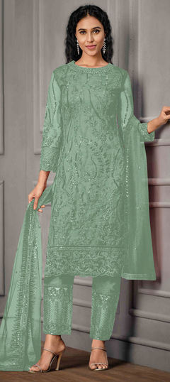 Green color Salwar Kameez in Net fabric with Embroidered, Sequence, Thread, Zari work