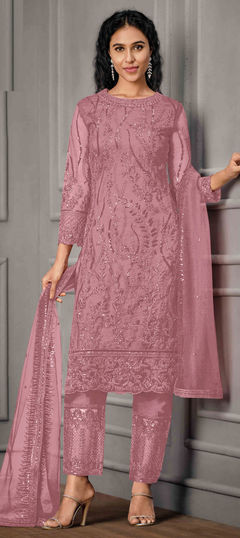 Pink and Majenta color Salwar Kameez in Net fabric with Embroidered, Sequence, Thread, Zari work