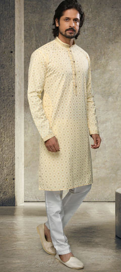 Beige and Brown color Kurta Pyjamas in Cotton fabric with Printed work