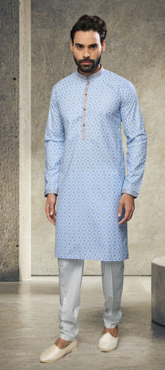 Blue color Kurta Pyjamas in Cotton fabric with Printed work