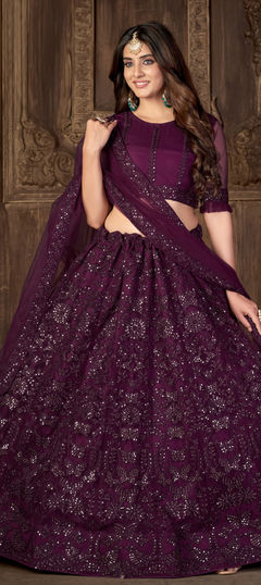 Purple and Violet color Lehenga in Net fabric with Embroidered, Sequence, Thread work