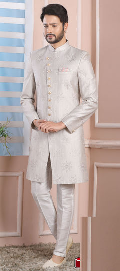 Black and Grey color IndoWestern Dress in Art Silk fabric with Embroidered, Thread work