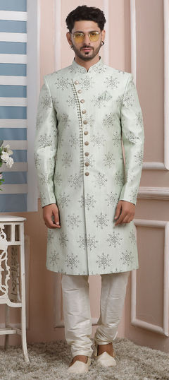 Green color IndoWestern Dress in Art Silk fabric with Embroidered, Thread work