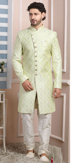 Green color IndoWestern Dress in Art Silk fabric with Embroidered, Thread work