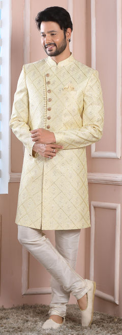 Yellow color IndoWestern Dress in Art Silk fabric with Embroidered, Thread work