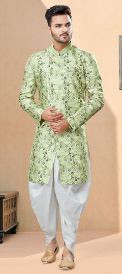 Green color Sherwani in Jacquard fabric with Digital Print, Thread work