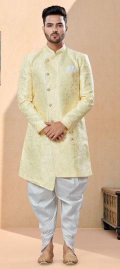 Yellow color Sherwani in Banarasi Silk fabric with Thread, Weaving work