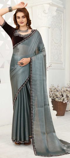 Black and Grey color Saree in Crushed Silk fabric with Lace, Zircon work