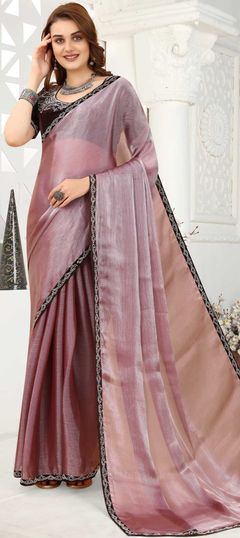 Pink and Majenta color Saree in Crushed Silk fabric with Lace, Zircon work