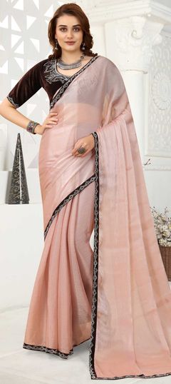 Pink and Majenta color Saree in Crushed Silk fabric with Lace, Zircon work