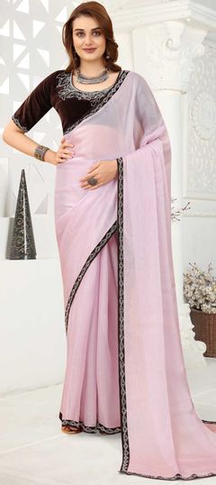 Pink and Majenta color Saree in Crushed Silk fabric with Lace, Zircon work