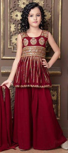 Red and Maroon color Kids Salwar in Georgette fabric with Embroidered, Resham, Thread work : 1822082