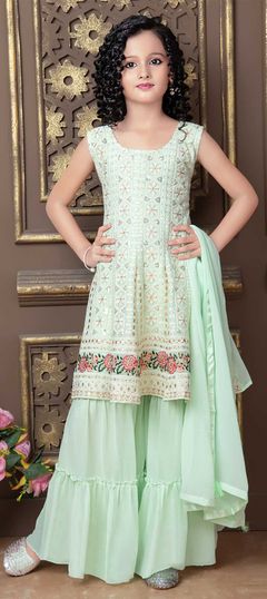 Green color Kids Salwar in Georgette fabric with Embroidered, Thread work : 1822094