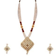Gold Rodium Polish Red and Maroon, White and Off White color Necklace in Metal Alloy studded with Pearl