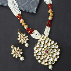 Gold Rodium Polish Red and Maroon, White and Off White color Necklace in Metal Alloy studded with Kundan