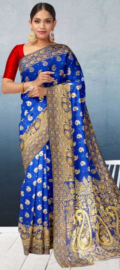 Blue color Saree in Kanchipuram Silk, Silk fabric with Bugle Beads, Stone, Weaving work