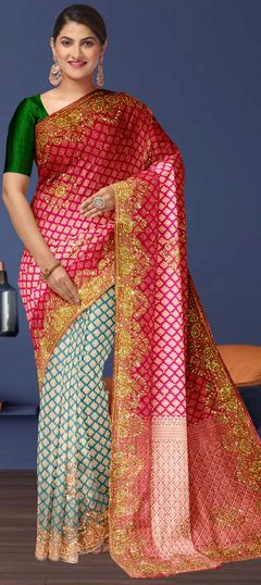 Blue, Pink and Majenta color Saree in Kanchipuram Silk, Silk fabric with Bugle Beads, Stone, Weaving work