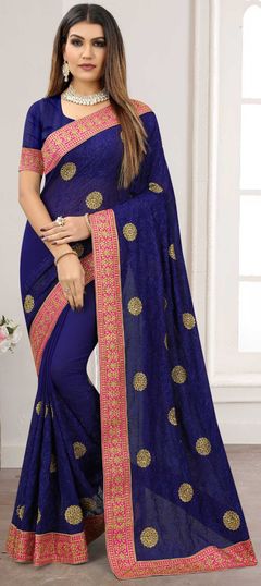 Blue color Saree in Georgette fabric with Embroidered, Resham, Thread, Zari work