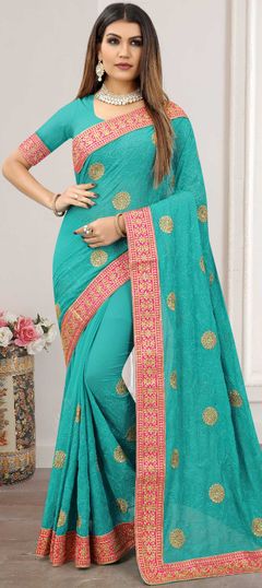 Blue color Saree in Georgette fabric with Embroidered, Resham, Stone, Zari work