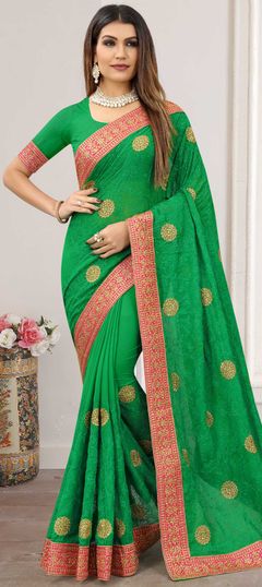 Green color Saree in Georgette fabric with Embroidered, Resham, Thread, Zari work