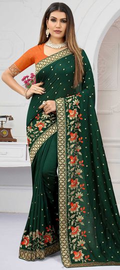 Green color Saree in Art Silk, Silk fabric with Embroidered, Resham, Stone, Zari work