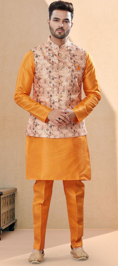 Yellow color Kurta Pyjama with Jacket in Dupion Silk fabric with Weaving work