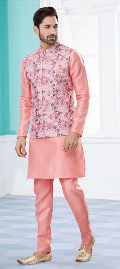 Pink and Majenta color Kurta Pyjama with Jacket in Dupion Silk fabric with Weaving work