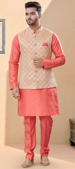 Pink and Majenta color Kurta Pyjama with Jacket in Dupion Silk fabric with Weaving work