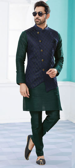 Green color Kurta Pyjama with Jacket in Dupion Silk fabric with Weaving work