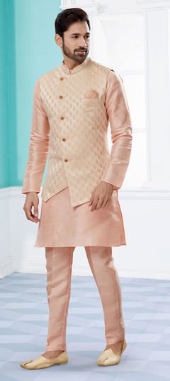 Pink and Majenta color Kurta Pyjama with Jacket in Dupion Silk fabric with Weaving work