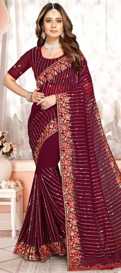 Red and Maroon color Saree in Georgette fabric with Embroidered, Resham, Sequence, Thread, Zari work