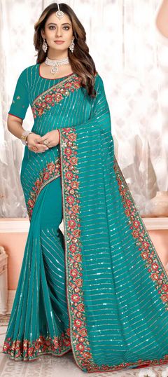 Blue color Saree in Georgette fabric with Embroidered, Resham, Sequence, Thread, Zari work