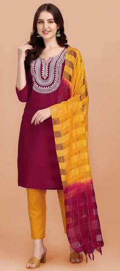 Red and Maroon color Salwar Kameez in Cotton fabric with Embroidered, Resham, Thread work