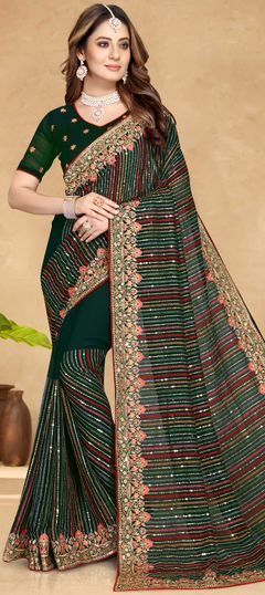 Green color Saree in Georgette fabric with Embroidered, Resham, Sequence, Thread, Zari work