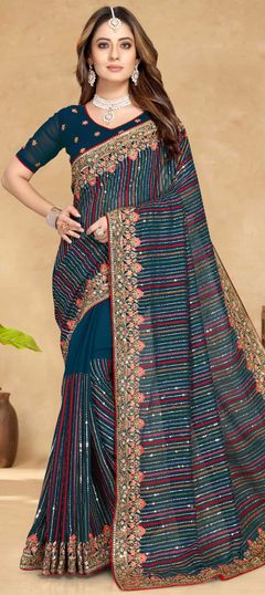 Blue color Saree in Georgette fabric with Embroidered, Resham, Sequence, Thread, Zari work