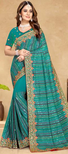 Blue color Saree in Georgette fabric with Embroidered, Resham, Sequence, Thread, Zari work