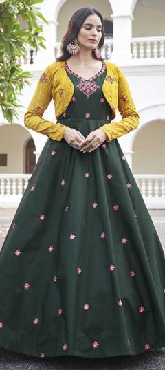 Green color Gown in Cotton fabric with Embroidered, Sequence, Thread work
