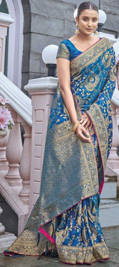 Blue color Saree in Banarasi Silk, Silk fabric with Weaving work