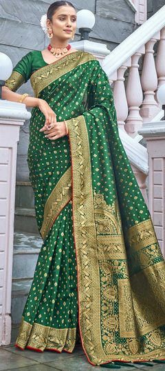 Green color Saree in Banarasi Silk, Silk fabric with Weaving work