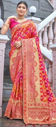 Orange, Pink and Majenta color Saree in Banarasi Silk, Silk fabric with Weaving work