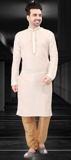 Beige and Brown color Kurta Pyjamas in Art Silk fabric with Embroidered, Thread work