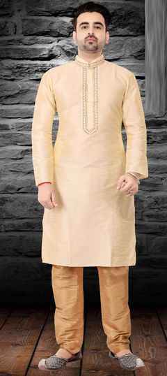 Beige and Brown color Kurta Pyjamas in Art Silk fabric with Embroidered, Thread work